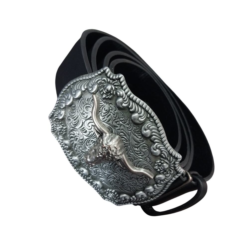 STEER HORNS & PAISLEY! FAB BLACK BONDED LEATHER W/LARGE SILVER BUCKLE BELT! SZ L